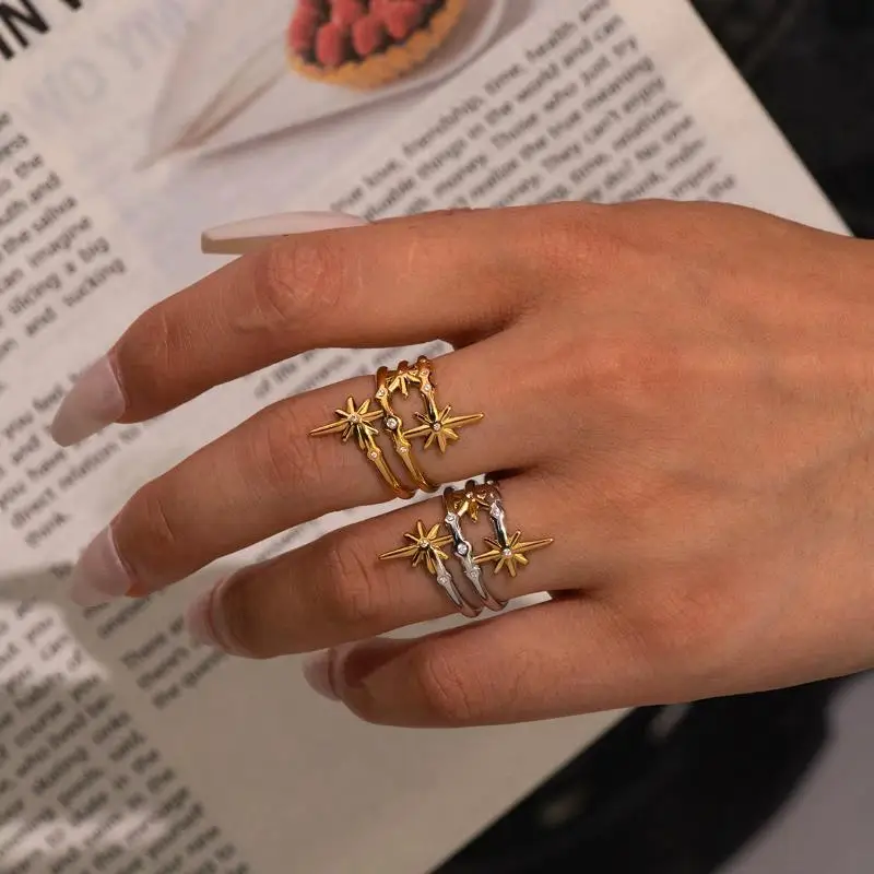 Eight Pointed Star Open Ring Inlaid Shiny Zircon Adjustable Multi Layer Finger Ring for Women Dating Jewelry Accessory