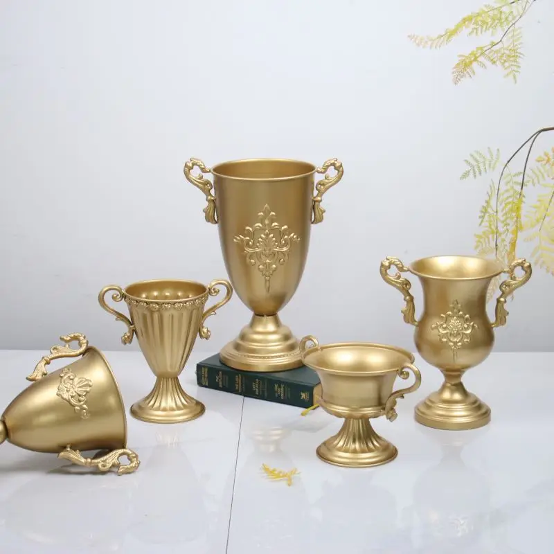 Vintage vase decoration, metal flower pot, dining table center, gold flower planter