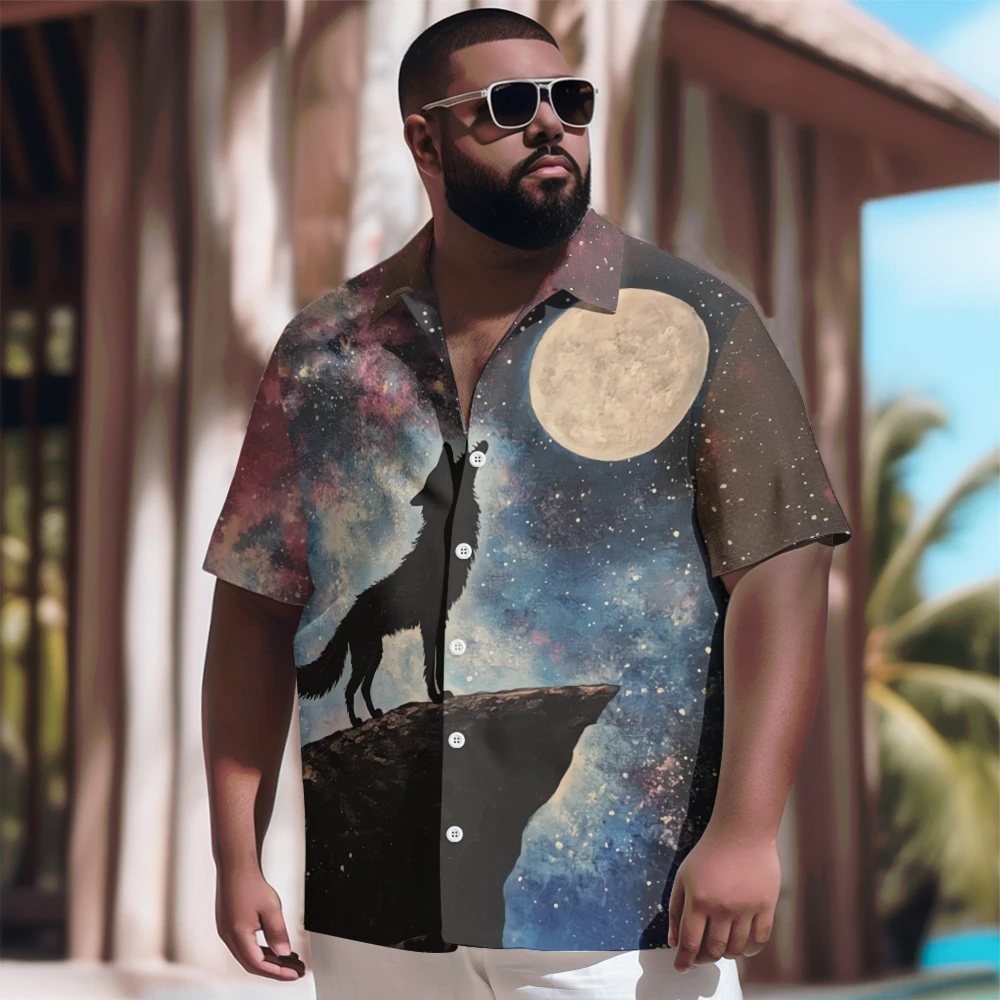 

New Hawaiian Goth Men Shirt for Men Starry night full moon Wolf Printed Casual Short Sleeve Tops Vintage Plus Size Summer Shirts