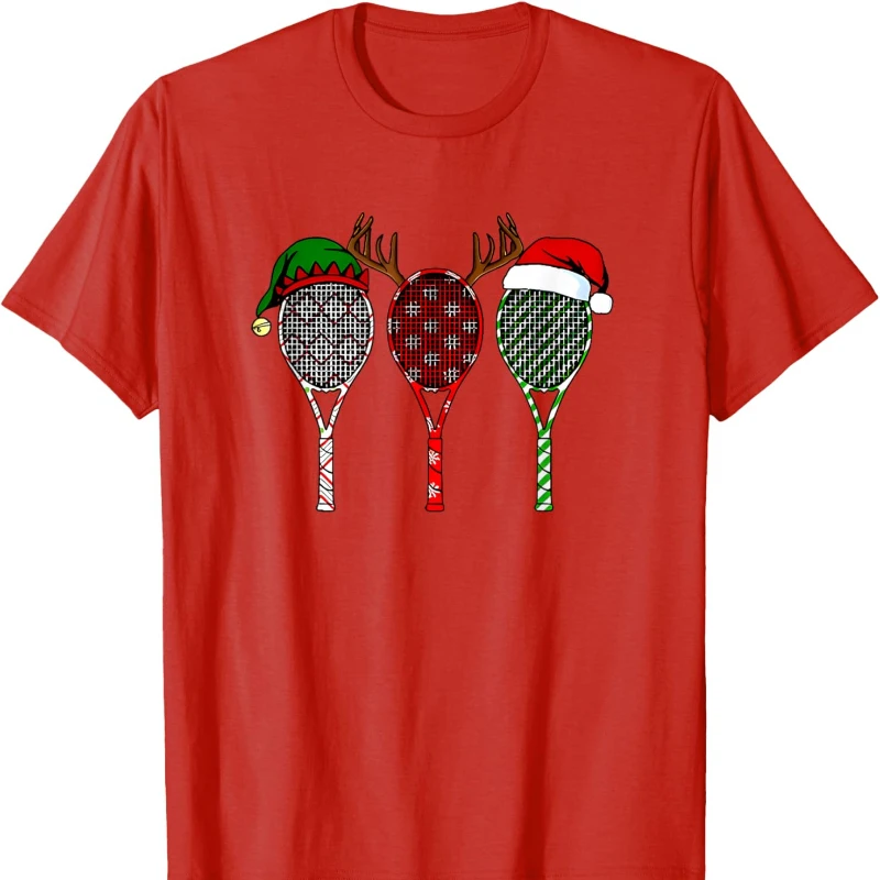 Tenis Merry Chistmas 3 Raqueta De Tenis Camiseta De Navidad, Czarna Koszulka z Krótkim Rękawem i Okrągłym Dekoltem, Bawełniana, Na Wszystkie Sezony, Do Noszenia na Zewnątrz