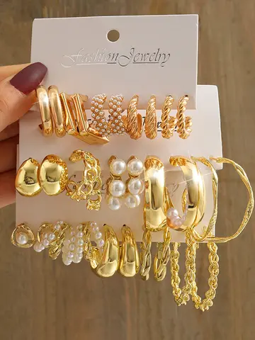 Gold Color Vintage Geometry Pearl Earrings Set Metal Twine Square Dangle Earrings Round for Women Simple Trendy Party Jewelry