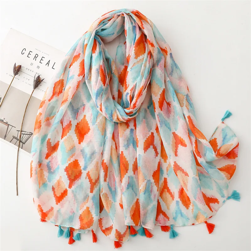 

2024 Spring Geometry Print Ladies Scarf Shawls Long Beach Foulard Rhombus Pattern Tassel Scarves Hijab Wrap Bufanda