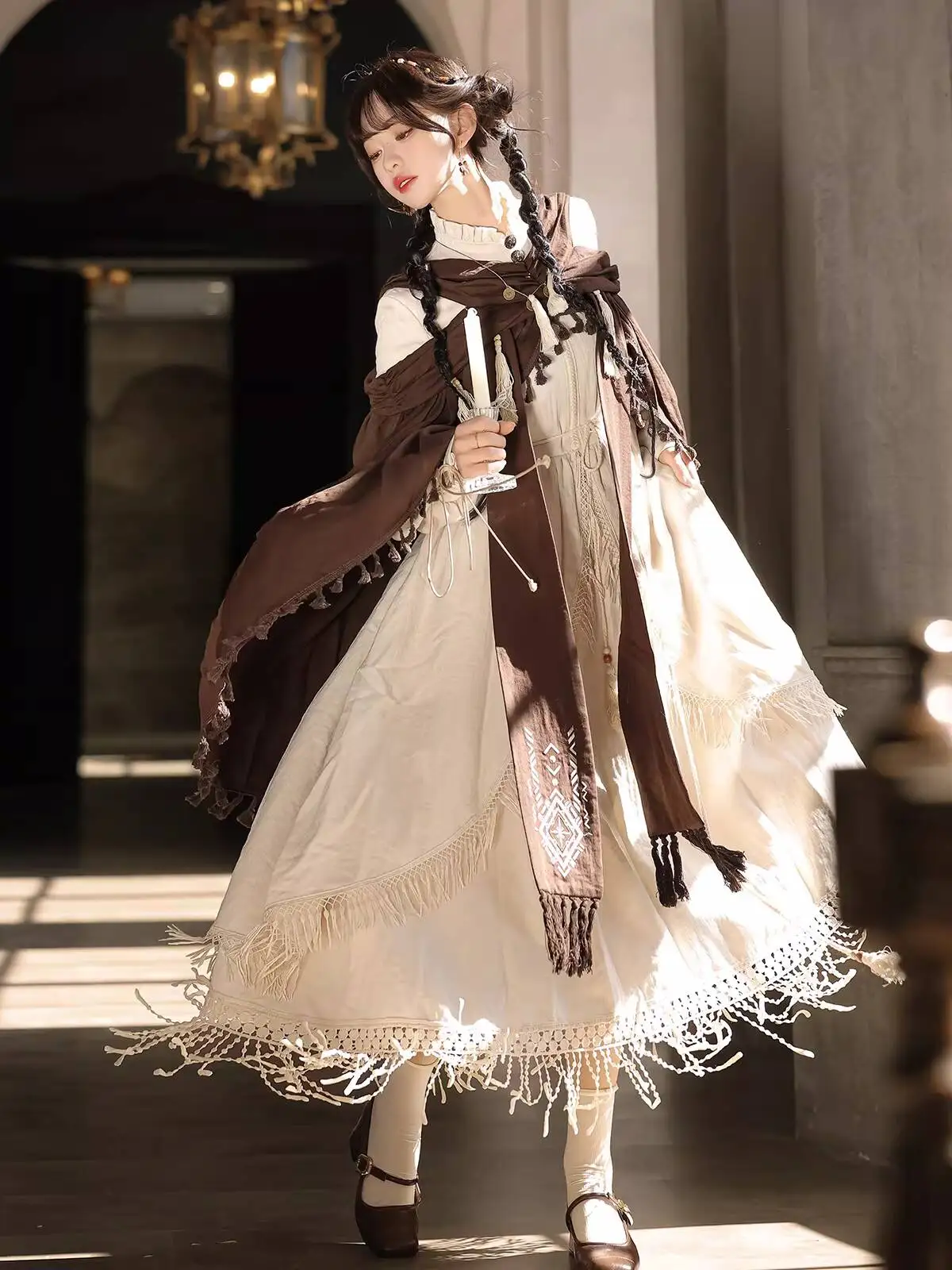 

Desert Wanderer Ethnic Style Long Sleeve Dress For Women, Exotic Atmosphere Outfit With Chinese Elements, Shawl And Long Skirt