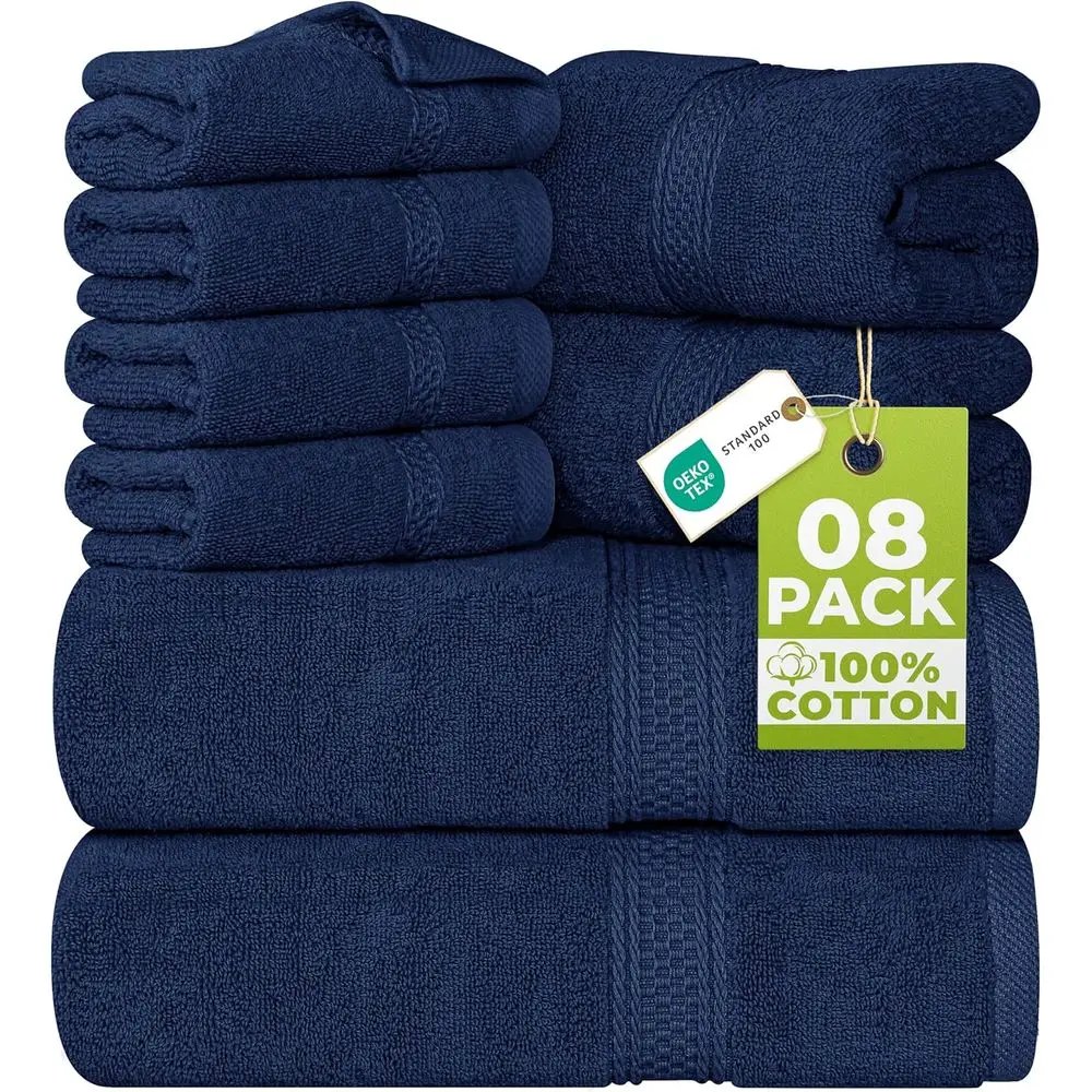 

Luxury 8-Piece Towel Set: Plush, Absorbent, Quick-Dry, 100% Cotton - 2 Bath, 2 Hand, 4 Washcloths in Navy Blue