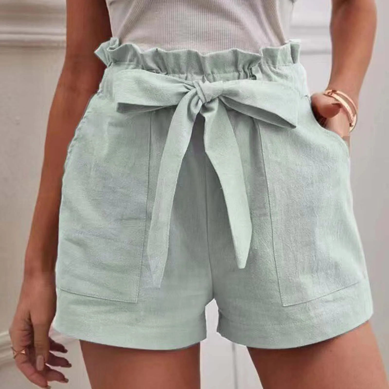 

Ruffle High Waist Women Shorts 2024 Summer Solid Color Plus Size Casual Cotton Linen Blended Wide Leg Short Pants With Bow Belt