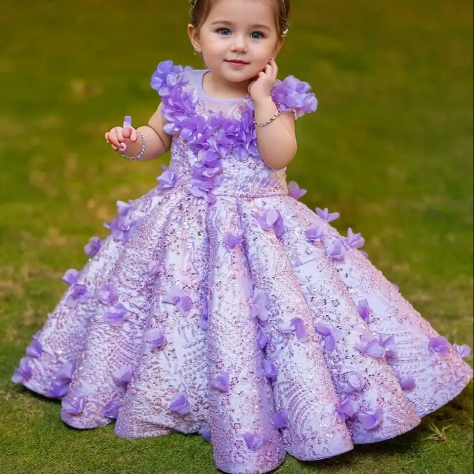 FATAPAESE Customzied Luxe Starlight Lavender Gown Flowers Bead Floral Appliqué Bodice Layered Tulle Tiered Ball-gownTrain Gowns