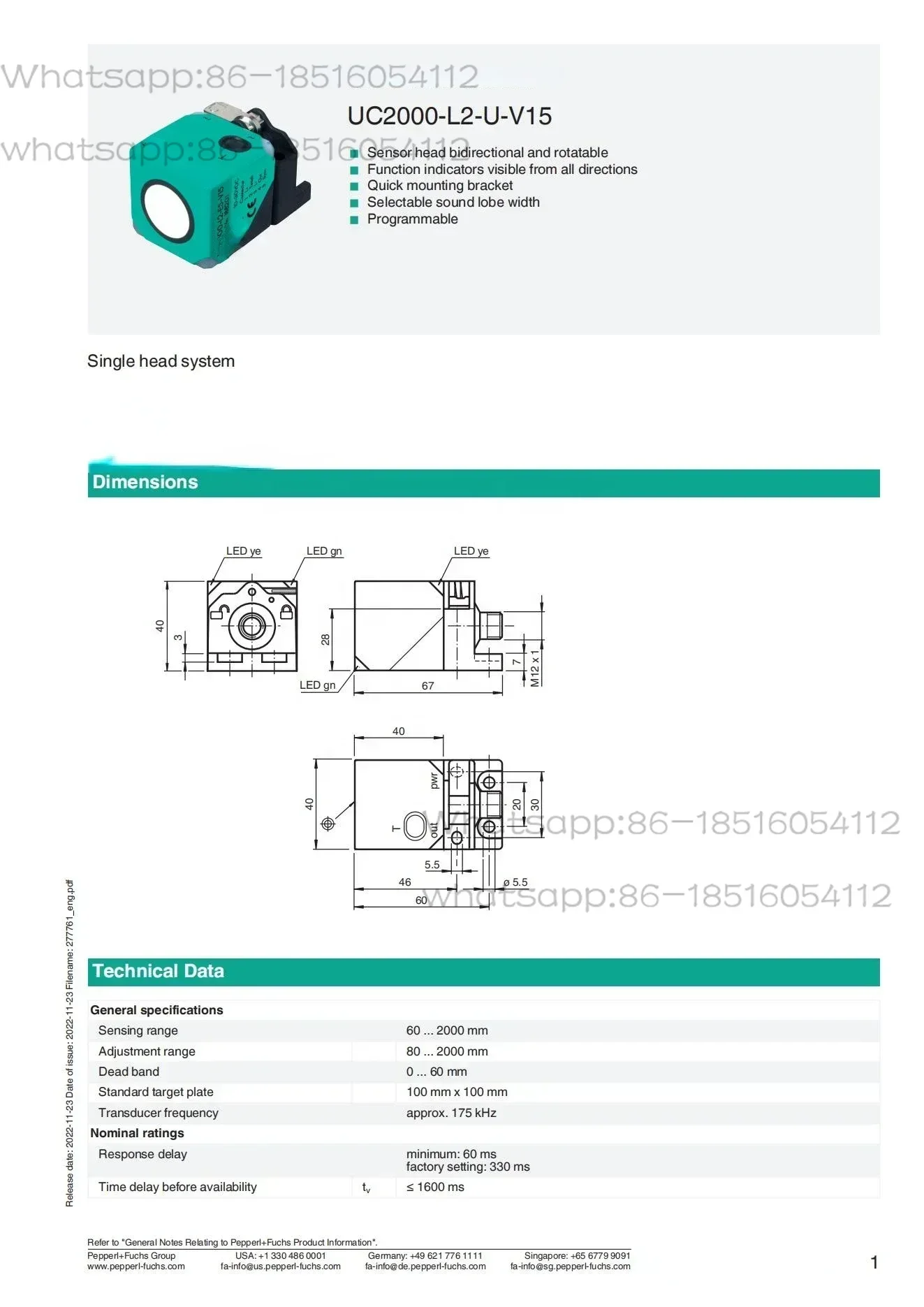 New  Ultrasonic Sensor P+F UC2000-L2-U-V15 UC2000-L2-I-V15