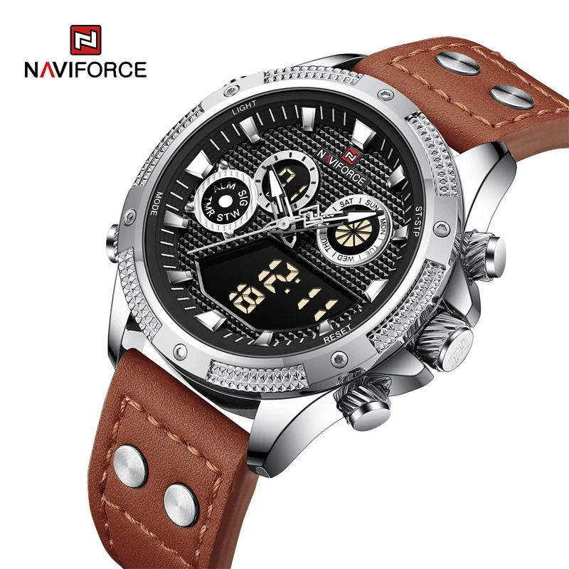 NAVIFORCE Men Sport Wristwatch Leather Strap Waterproof Quartz Watch Dual Display Digital Luminous Male Clock Relogio Masculino