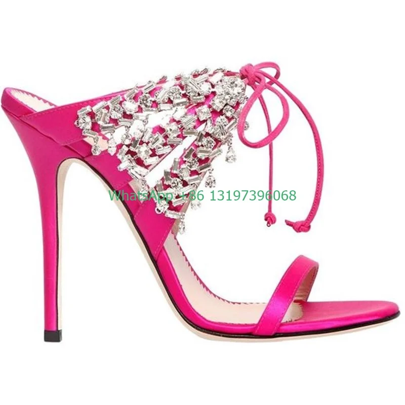 

Ladies hot pink high heels sandals & slippers diamond lace-up mules bling open toe stilettos everyday outdoor shoes footwear