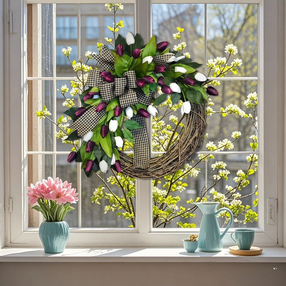 Tulpenkranz für die Haustür, 13,7 Zoll Frühlings-Sommer-Seidenkranz mit grünen Blättern und künstlichen Tulpenblumenkranzen mit Schleife