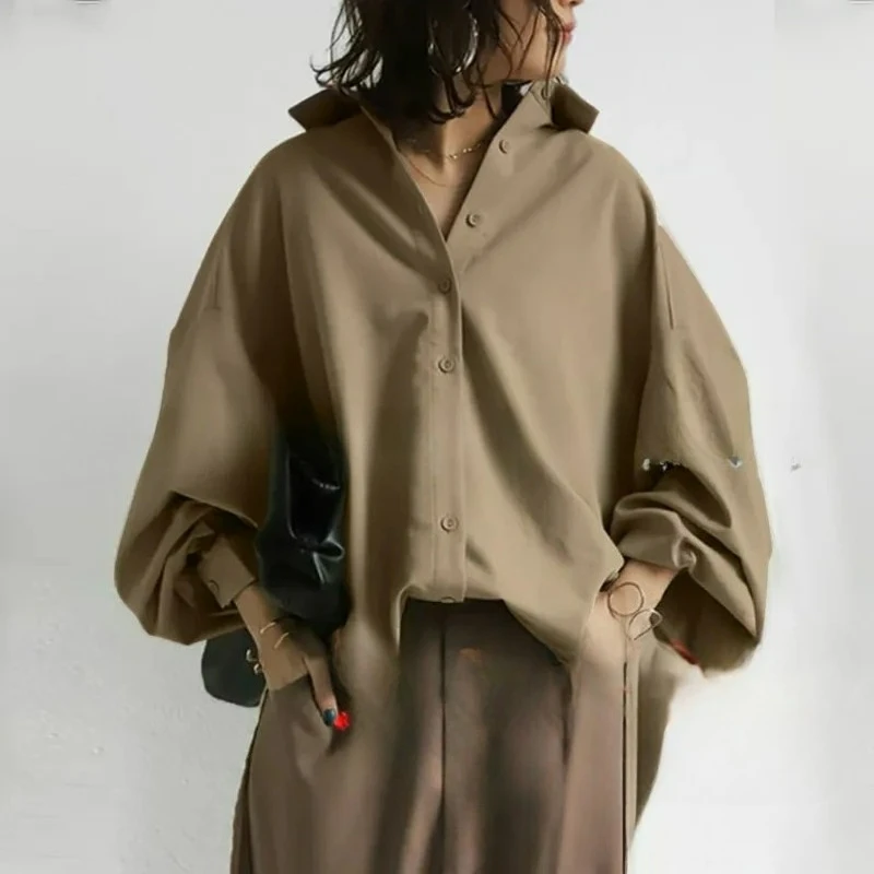 

Women's Clothing 2026 Fashion Cotton Solid Color Lapel Lantern Sleeve Button Irregular Hem Shirt