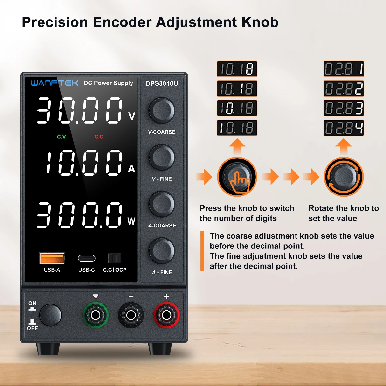 Wanptek Laboratory Power Supply DPS3010U DPS605U DPS1203U with USB Fast Charging 4 Knob Adjustment Bench DC Power Supply