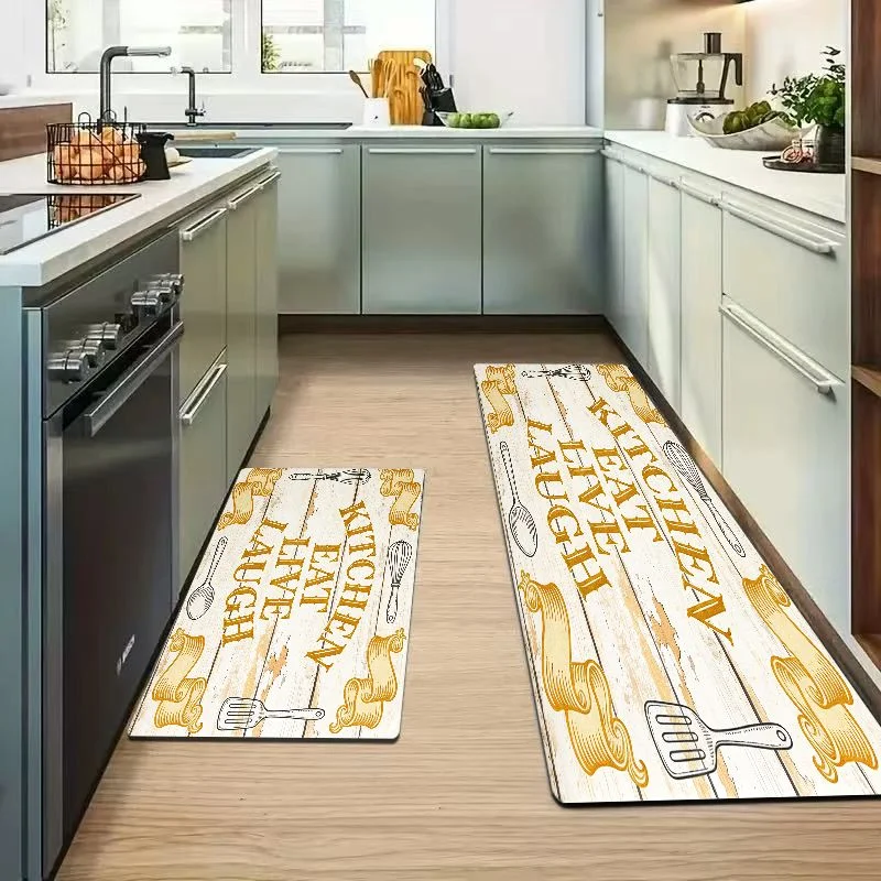 VIKAMA Retro Ribbon Eat Live Laugh Kitchen Mat Set Waterproof Non Slip Runner Rug Easy Wipe Farmhouse Floor Rug