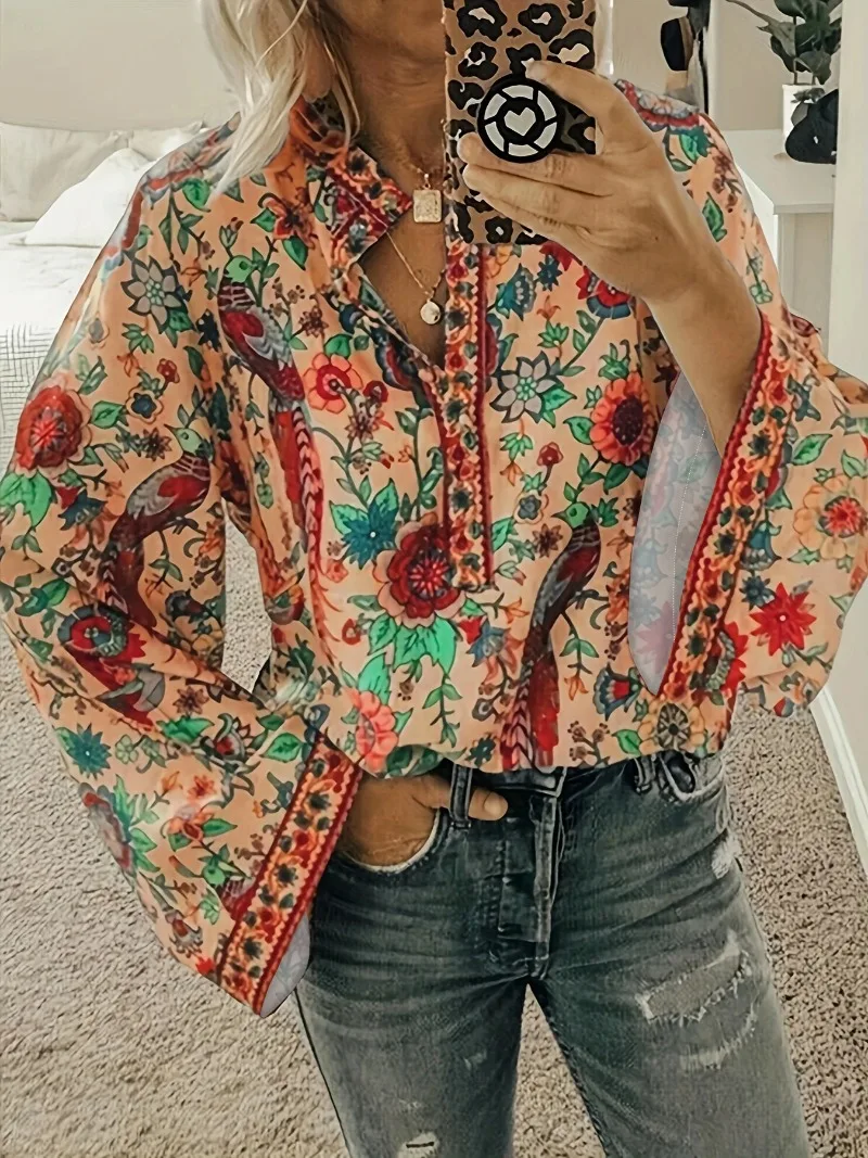 Chemisier Vintage imprimé pour femmes, chemises décontractées, mode ample, col en v, vêtements à manches longues, hauts français pour femmes, printemps/été