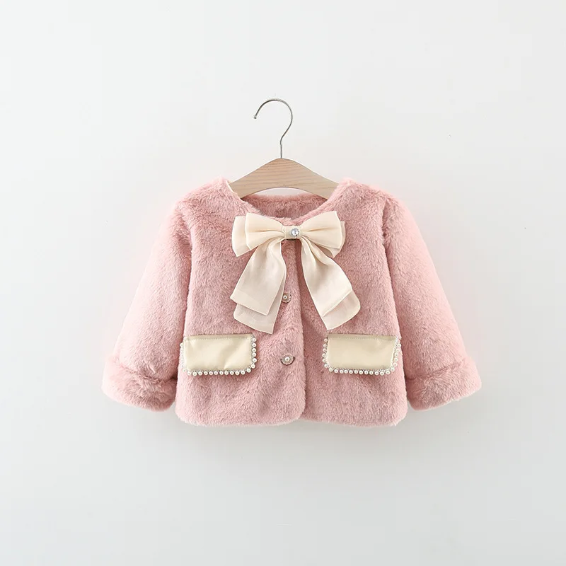 Autumn winter newborn baby girls pearl bow fake fur velvet outerwear coats for infant girls clothing 1st birthday jackets coats