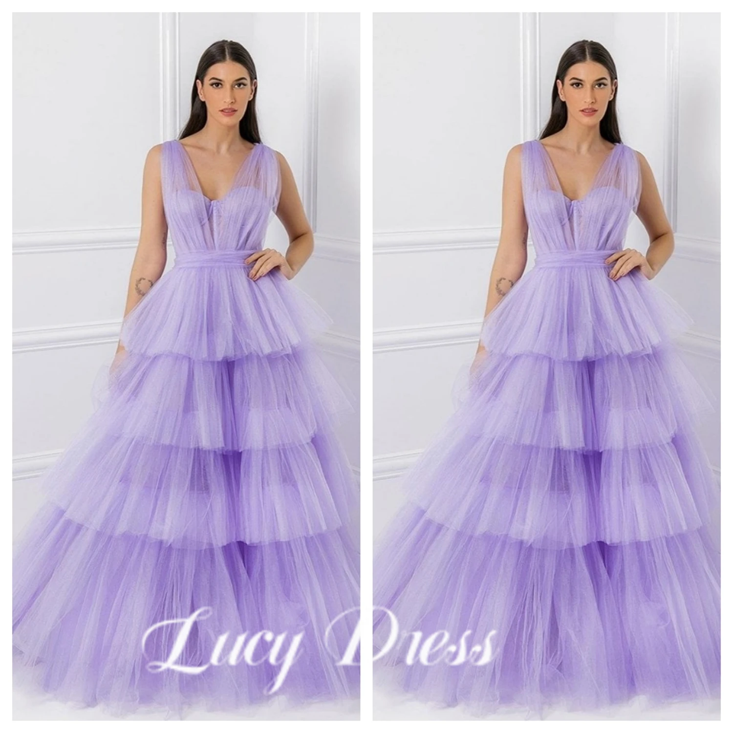 

Lucy Elegant A-line Prom Dress Spaghetti Strap فستان سهرة Bow On Back Formal Occasion Dresses Purple Tulle Wedding Party Dress