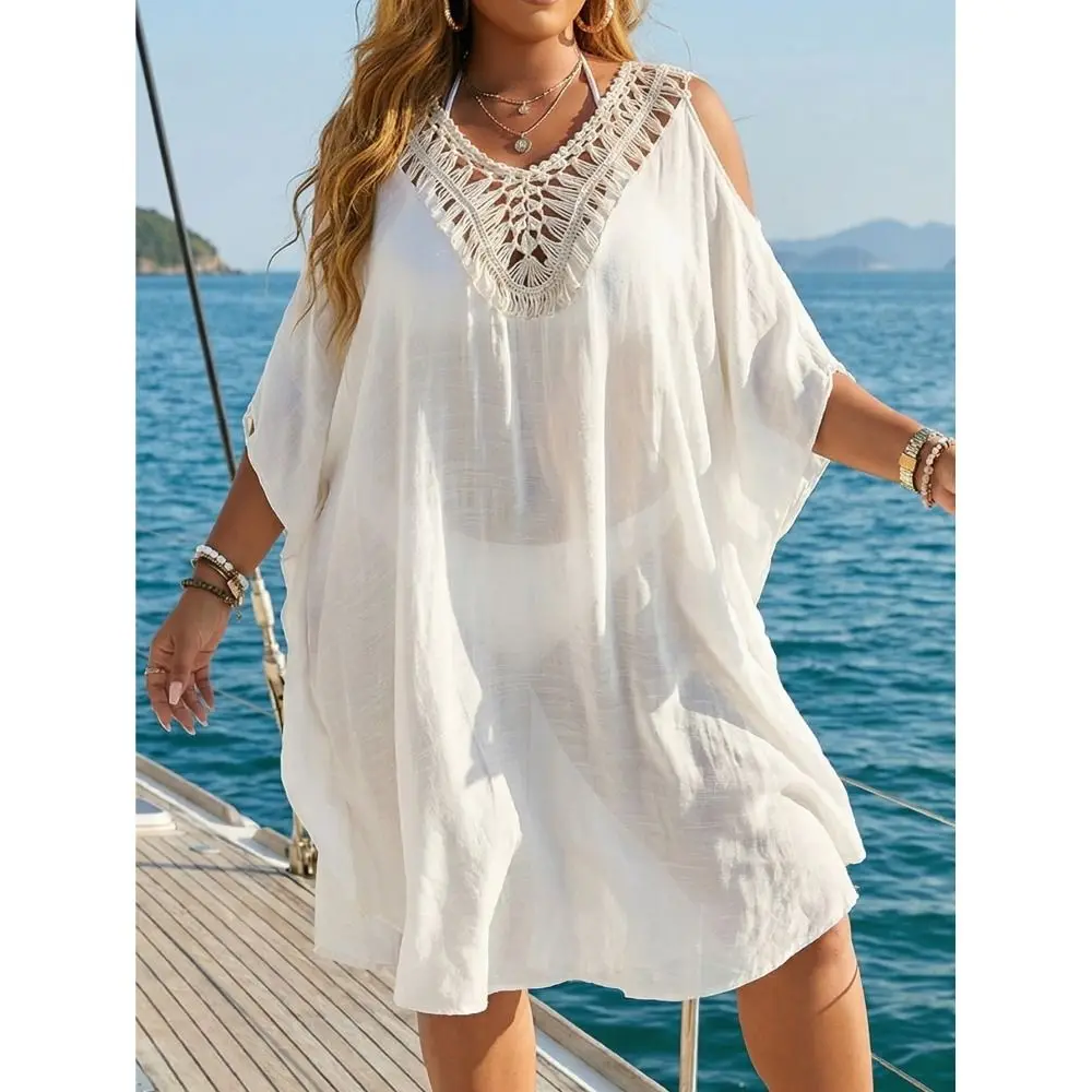 

Fashion V Neck Swimsuit Cover Up Dress Hollow Out Loose Beachwear Shirt Vacation Backless Summer Sunscreen Smock for Women