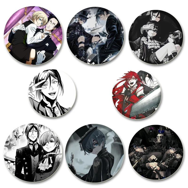 Broches d'insigne de majordome noir d'anime de bande dessinée pour le chapeau, épinglettes créatives, épingle de bouton ronde et douce, décoration, accessoire de cadeau, 32mm, 44mm, 58mm