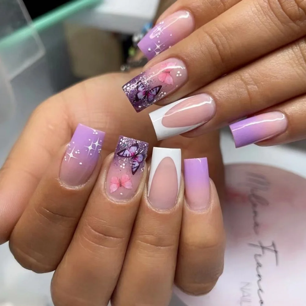 24 pezzi di unghie finte viola stampa su glitter punta per unghie finte per balletto di media lunghezza con set di manicure indossabili per unghie dal design semplice a fiori