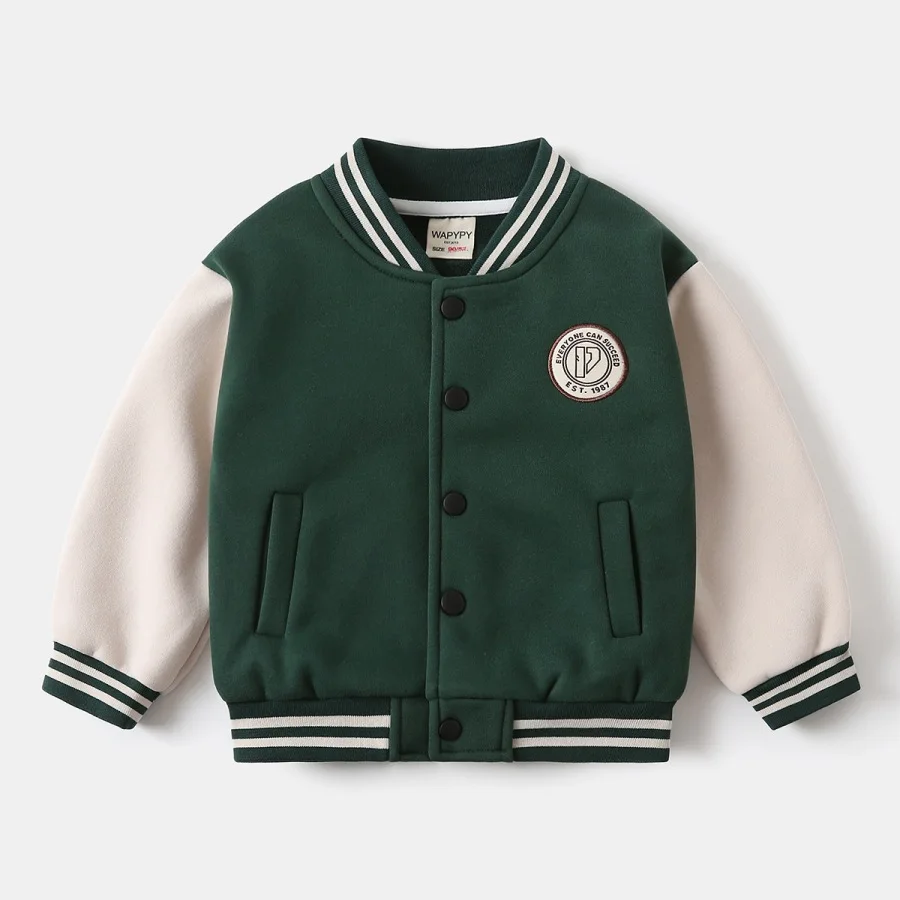 New 2026 Kids Chest Patch Badge Baseball Jacket Autumn Boys Raglan Sleeve V-neck Snap Button Casual Coat Children's Outerwear