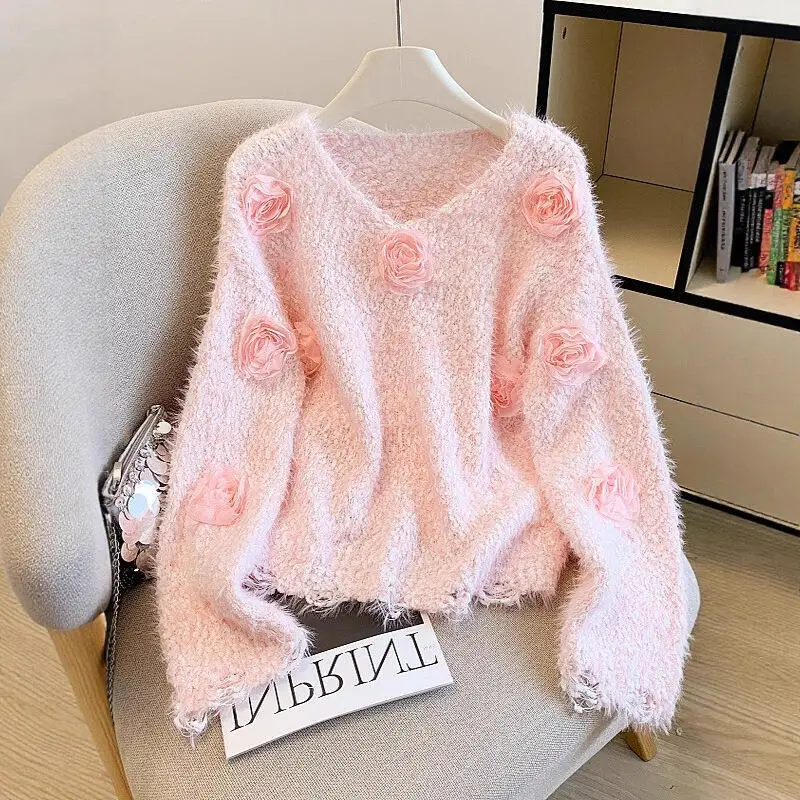 

Women's Base Knitted Sweater Cardigan Korean Style Spring Autumn Winter Female Gentle Sweet Inner Outfit Round Neck Flower Tops