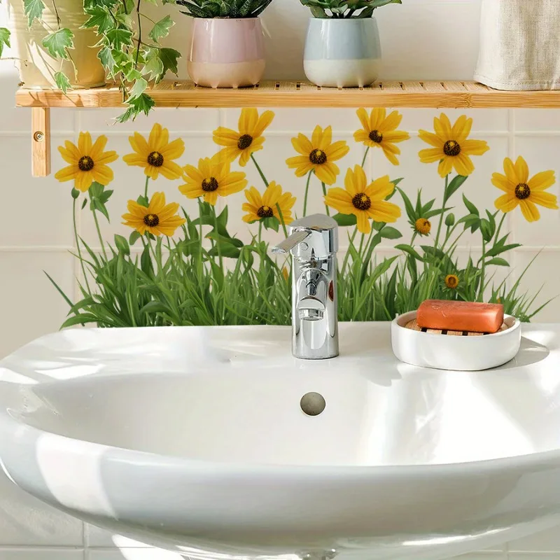 Yellow Daisy Wall Stickers Waterproof Self Adhesive Bathroom Vanity Decor Peel and Stick Removable Wall Decals for Modern Home