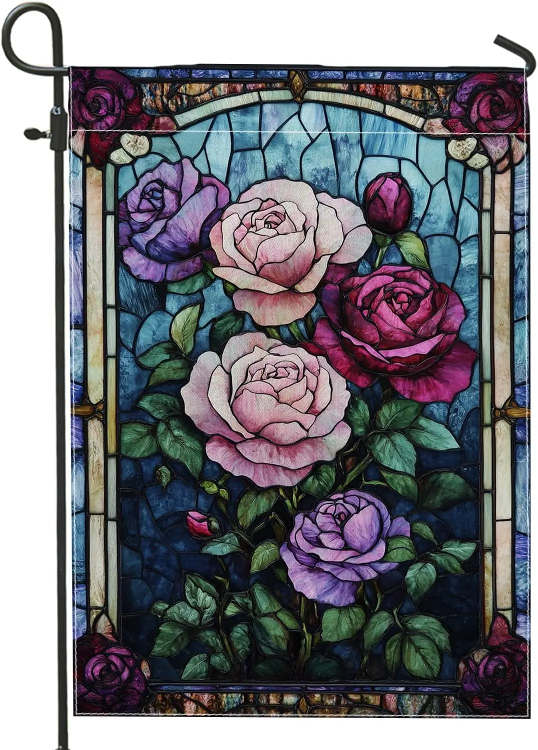 Stained Glass Rose Garden Flag, Violet Floral Transparent Decor Garden Flags, Double Sided Home and Lawn Decoration, Summer  ZZU