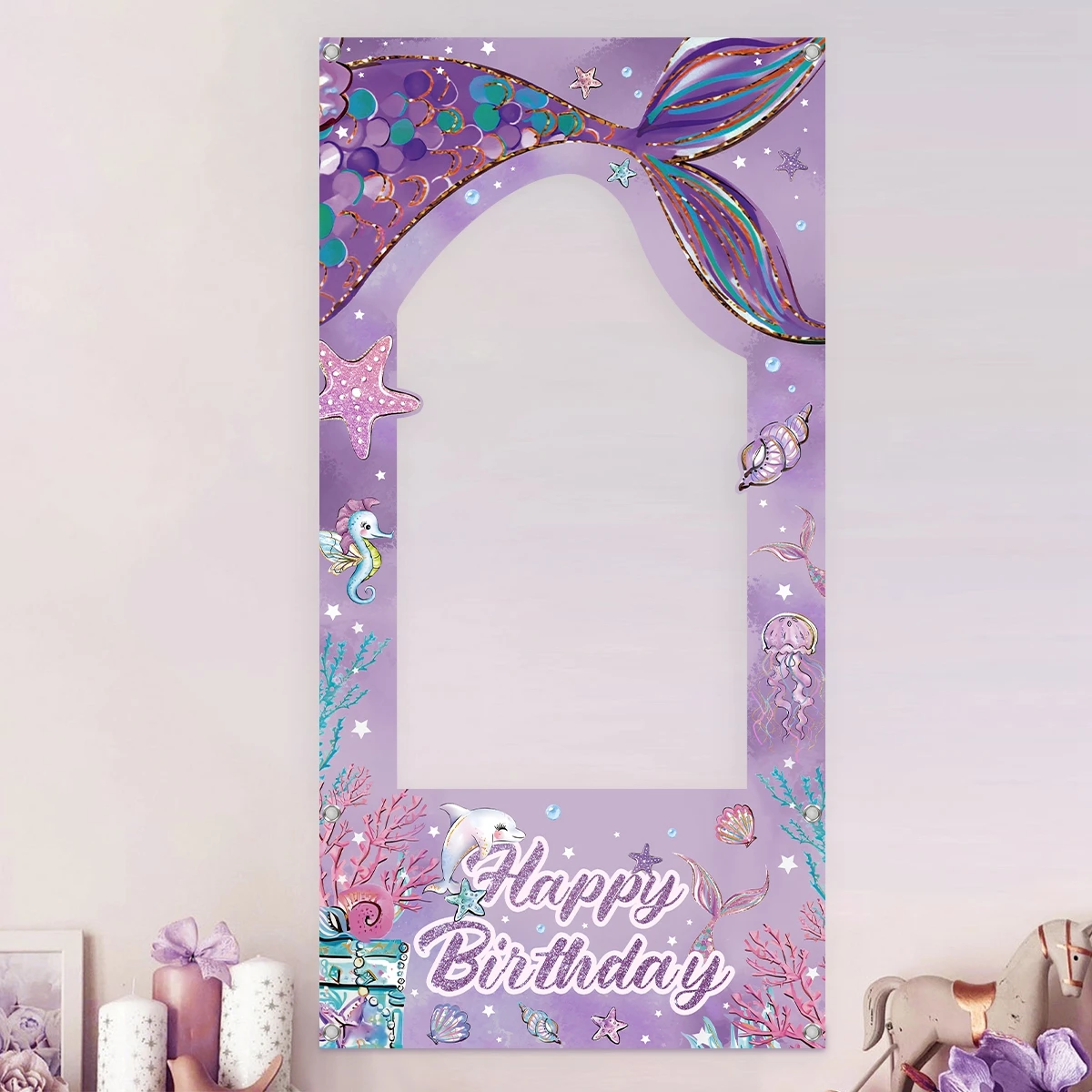 Mermaid photo Frame Background Little Mermaid Tail Birthday Party Decor Kids Girl Baby Shower Birthday Party Supplies Backdrop