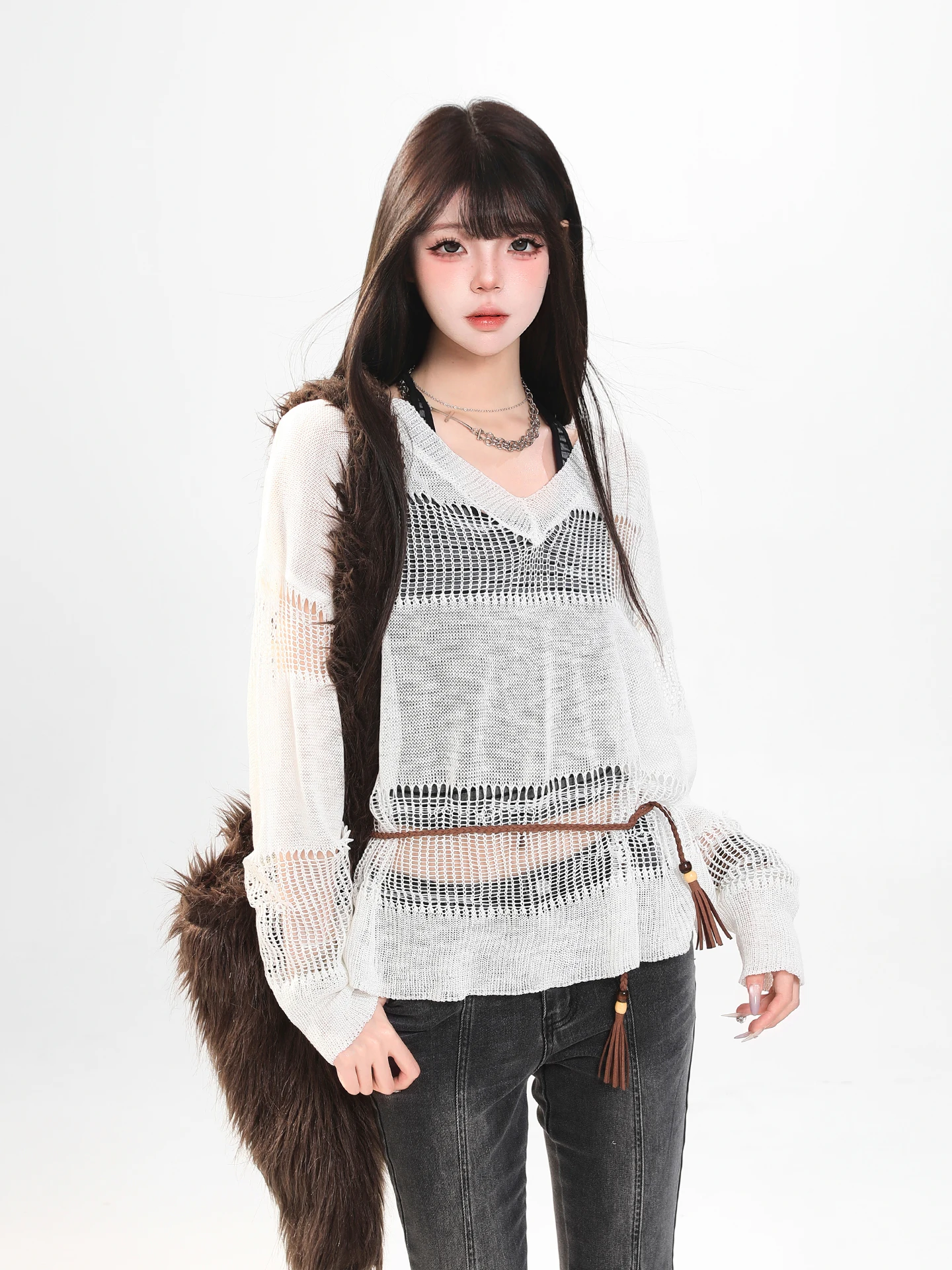 

Вязаный топ в корейском стиле с V-образным вырезом и завязками, ажурный, женский, весенний, с длинным рукавом, тонкий, для защиты от солнца, повседневный, свободного кроя