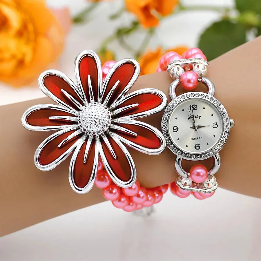 New Fashion  Women Dress Watches Ladies Pearl Chain White Flower Bracelet Quartz Wristwatches Women Rhinestone Watches