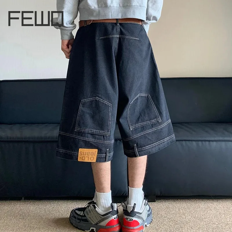 

FEWQ Niche Pocket Design Denim Men's Shorts Loose Straight Leg Pants 2024 Vintage Solid Color Wide Leg Korea Fashion 24E1058