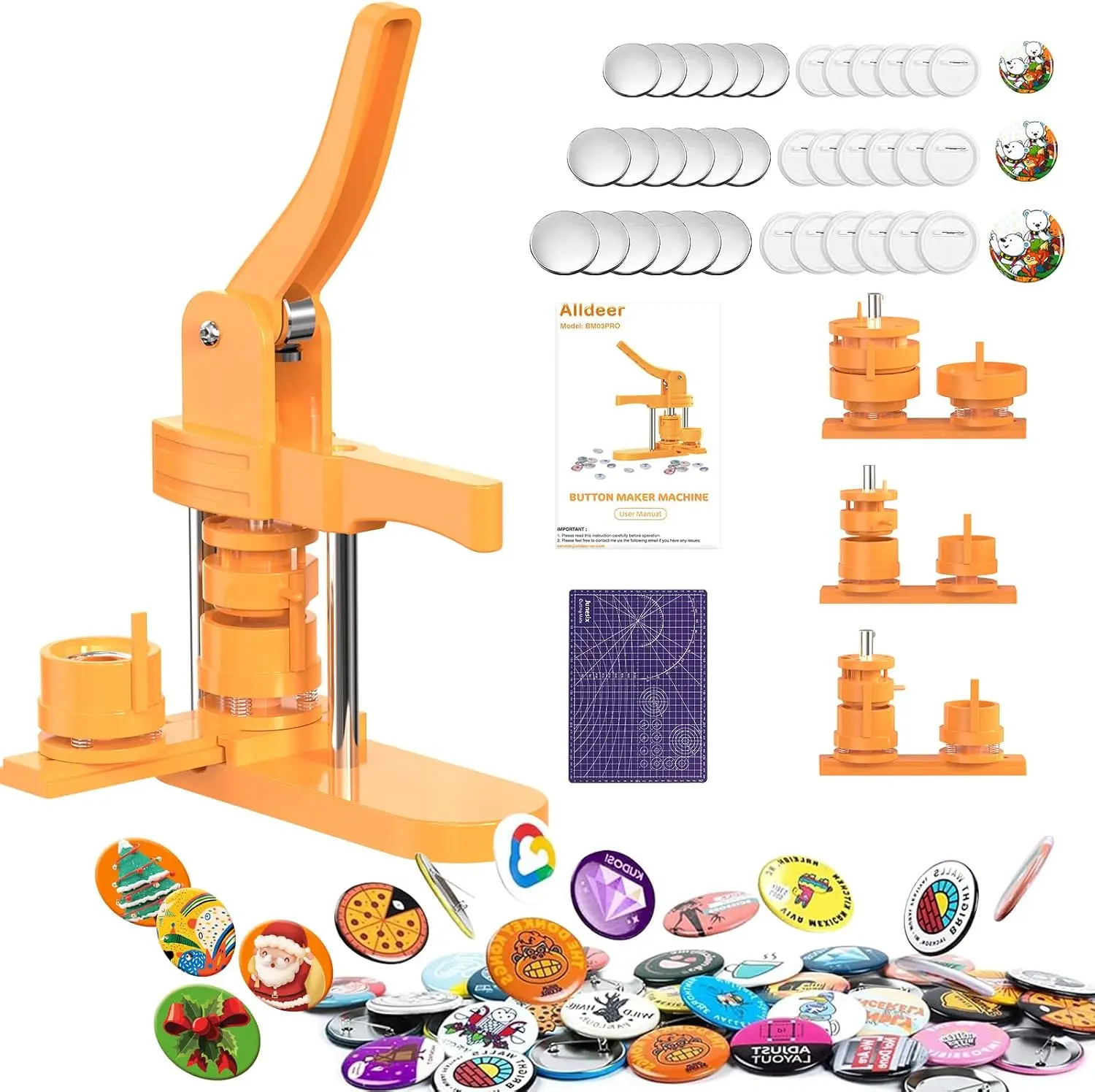 

Button Maker Machine Kit, 3 Interchangeable Sizes 25mm 32mm 44mm, DIY Pin Maker with 300 Plastic Backs, Slide Rail Press for Badges & Crafts