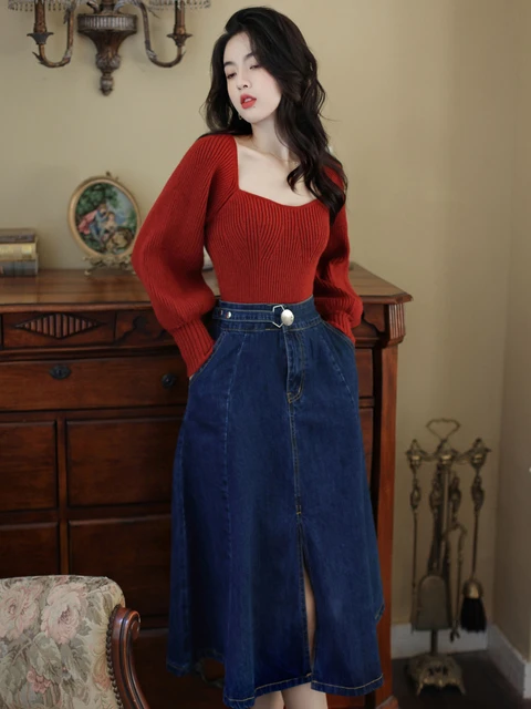 French Vintage Style Sweater Denim Skirt Set Women Elegant 2 Piece Set Square Neck Red Sweater Denim Skirt Fashion OL Sets AliExpress 200000345