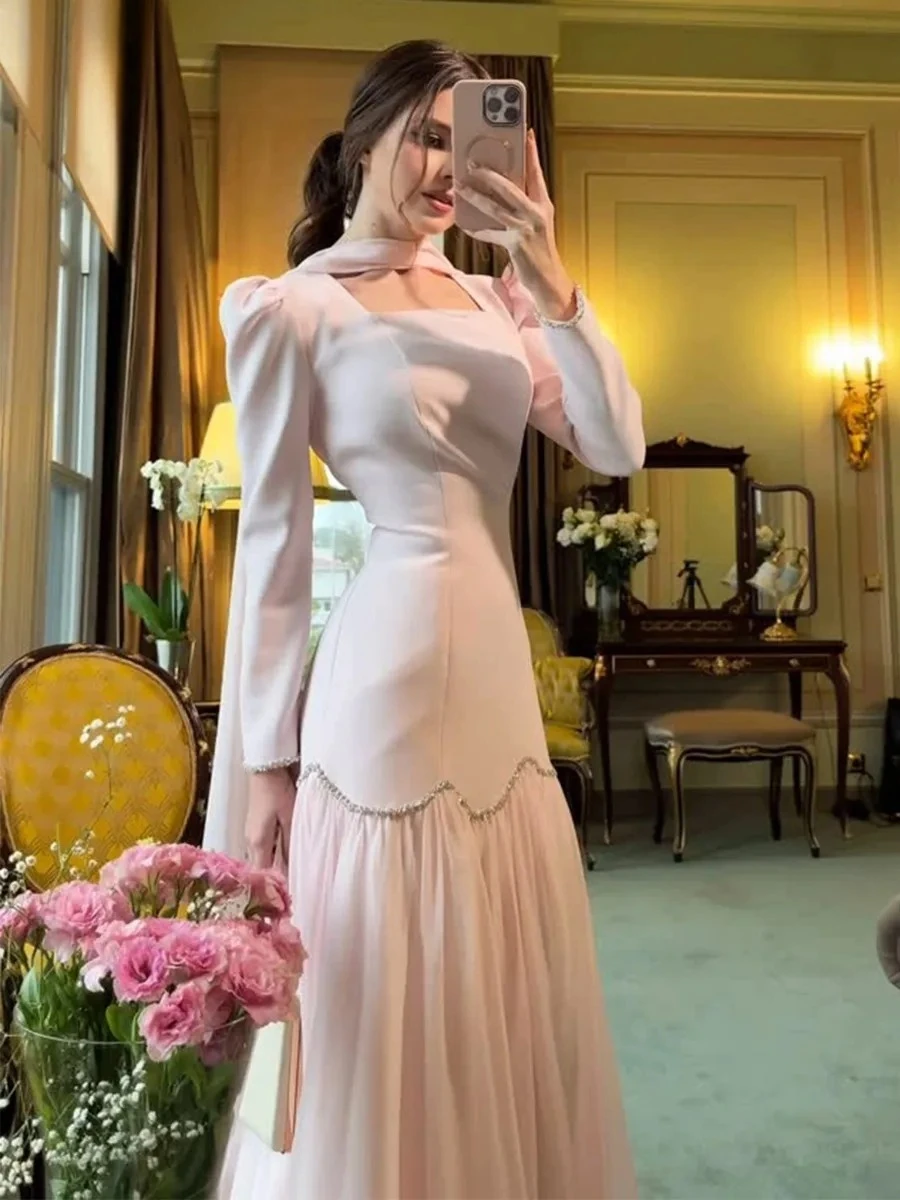 

2025 Spring New Light Luxury Women's Dress Fashion Item Handmade Diamond Inlaid Ribbon Design Ladies Long Sleeve Slim Maxi Dress