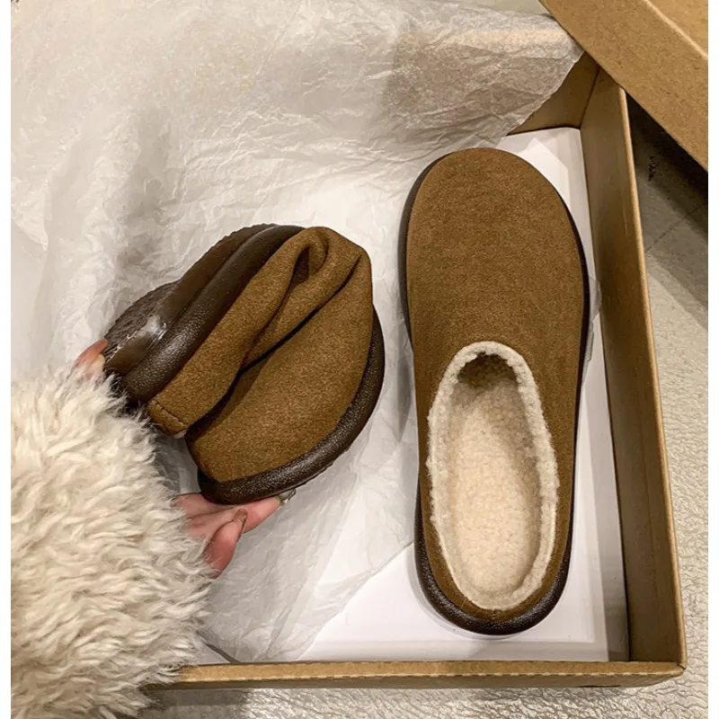 

New Baotou Half Slippers Women's Thick Bottom Boots Overlay Half Slippers Flat Shoes Cowhide Facial Leather Mule Shoes