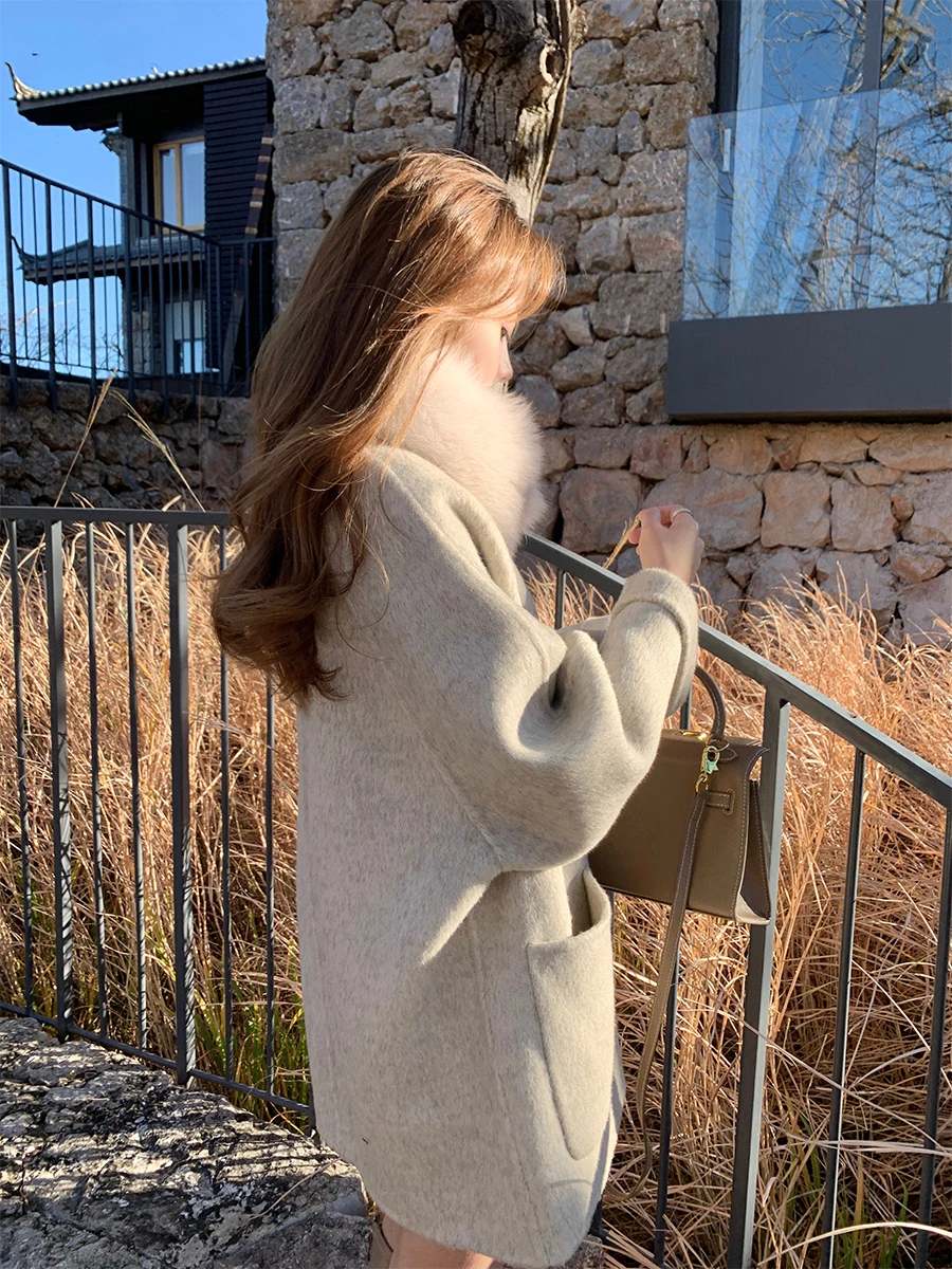 

Пальто Berlin ey Ay Snow из двусторонней шерсти с меховым воротником из верблюжьей шерсти, маленький размер, модная женская верхняя одежда