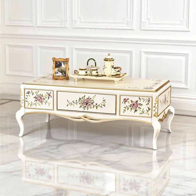 HYS French Vintage Hand-painted Floral Coffee Table, European Style Gold-Painted Carved Living Room Tea Table, Light Luxury
