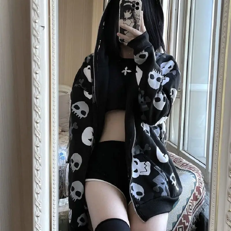 

2025 Autumn Winter Gothic Punk Hoodies Women's Skull All Print Hoodie Y2K Street Style Long Sleeve Zip Up Cardigan Jacket
