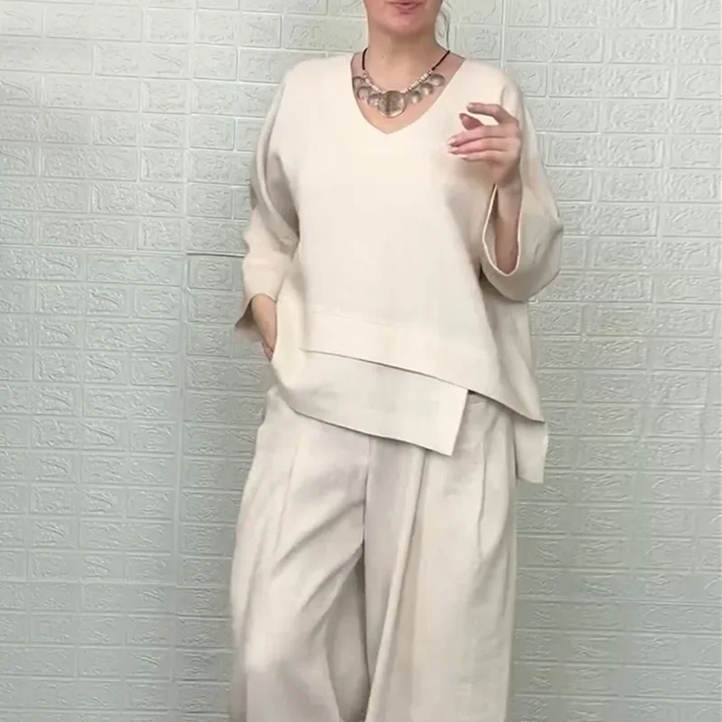 women's clothing 2025 summer new V-neck loose large size nine-quarter sleeve top wide-leg trousers two-piece set TR1367