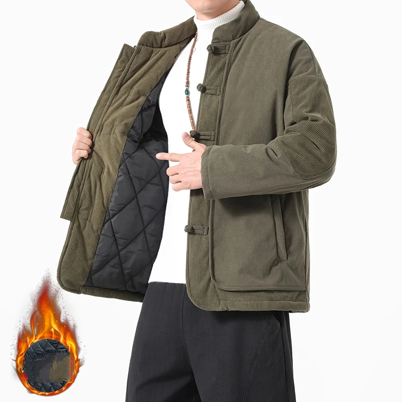 

Мужская хлопковая стеганая куртка в китайском стиле, осень-зима, мужской теплый костюм Тан, пальто, мужские традиционные парки ханьфу, вельветовая верхняя одежда