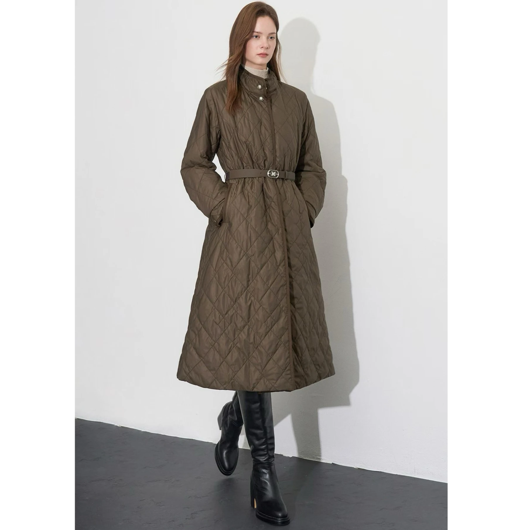 OBZ25 Herfst Lange Citroen Kaas Donsjas Met Riem Diamant Patroon Veelzijdige Rechte Cut Pendelen Sle Damesjas