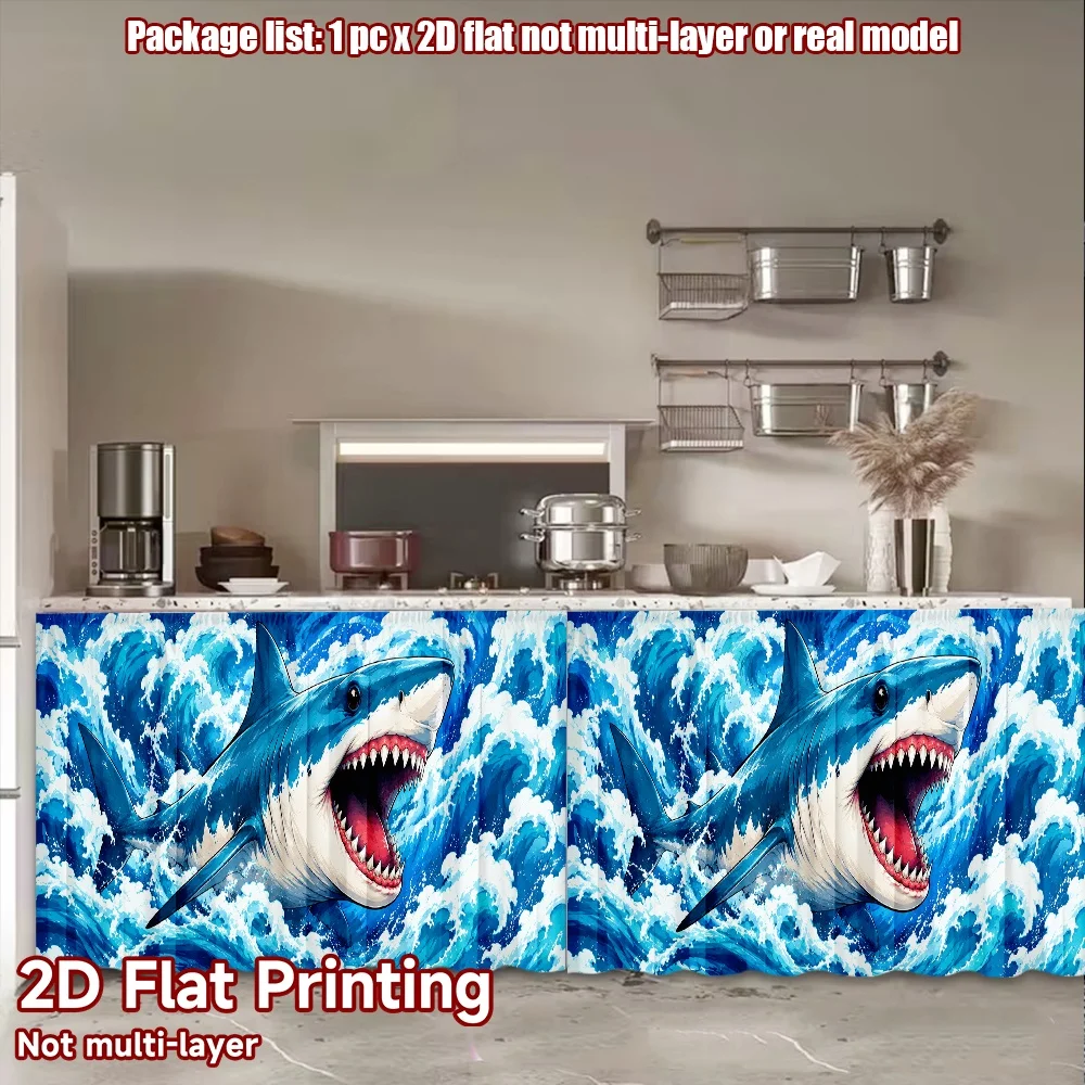 2D flat 1pc Bohemian style short curtains Shark in Ocean Waves Digital printing Minimalist partition curtains, cabinet curtains,