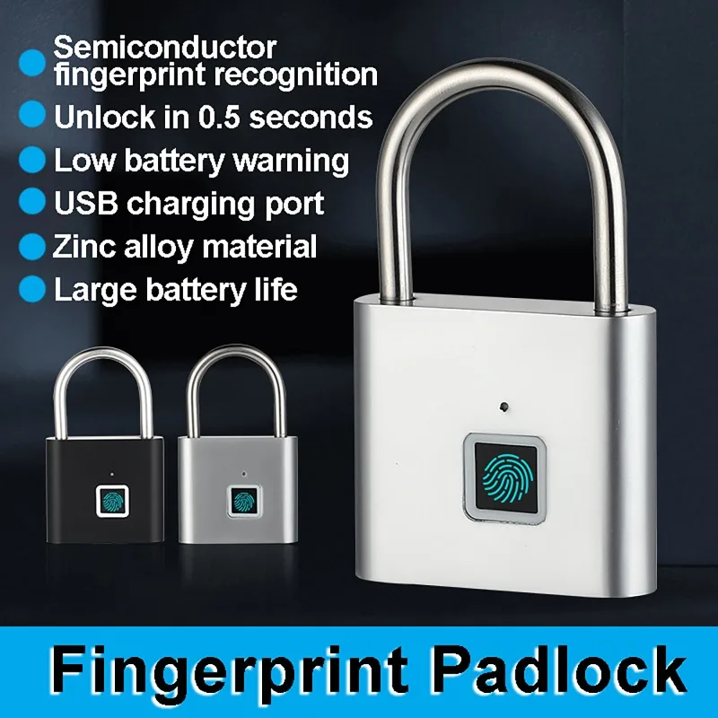 Keyless Smart Fingerprint Padlock USB Charging Fingerprint Lock Waterproof Door Lock 0.2sec Unlock Security Padlock for House