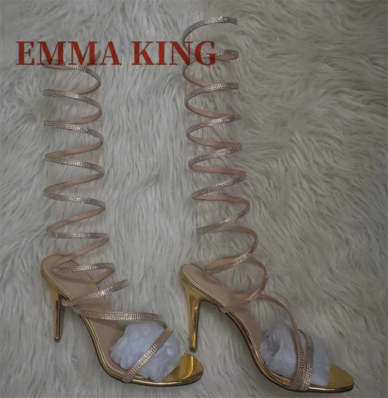 Fashion Rhinestone Strap Gladiator Sandals Women Crystal High Heels Party Strip Shoes Summer Peep Toe Knee High Sandals Boots - view 4