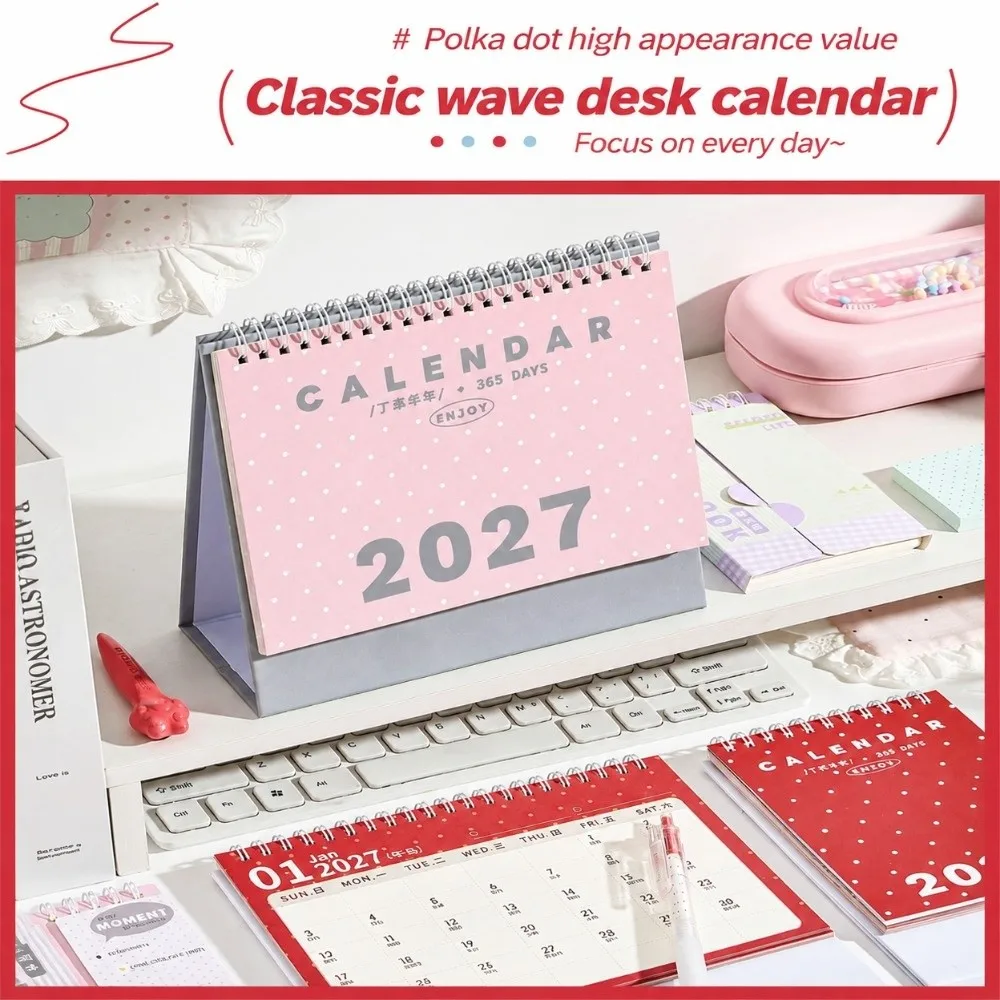 Practical Polka Dot Print Desk Calendar With Stickers Stand Up Design 2027 Calendar Wire Binding Stand Up Calendar For Students