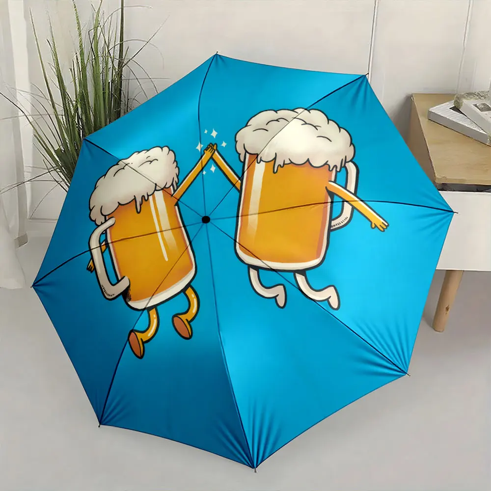 1PC Beer Cheers: Fun and Playful Umbrella Design Print 8 Iron Ribs Folding Umbrella Auto-Open Fashion Sunshade