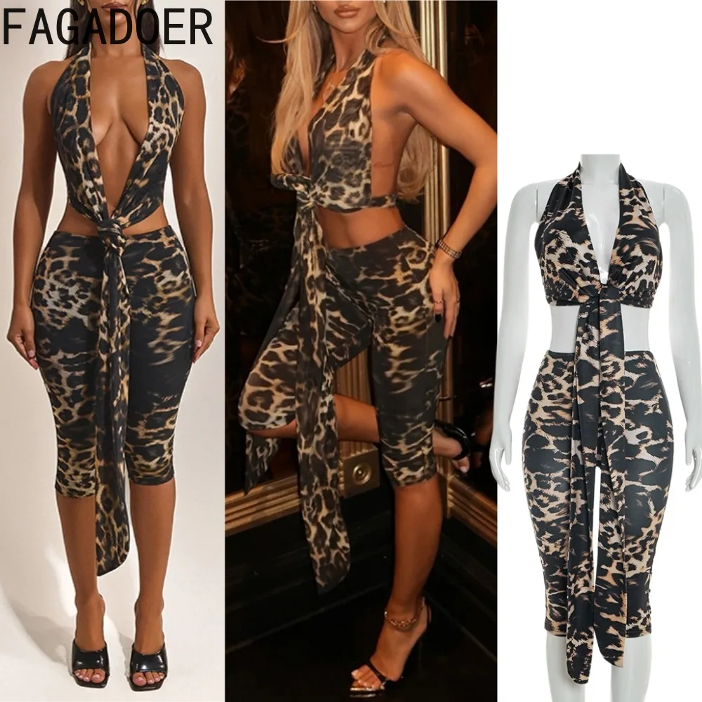 

FAGADOER Sexy Leopard Print Two Piece Outfits Woman Halter Deep V-neck Backless Crop Top and Pants Matching Female Streetwear