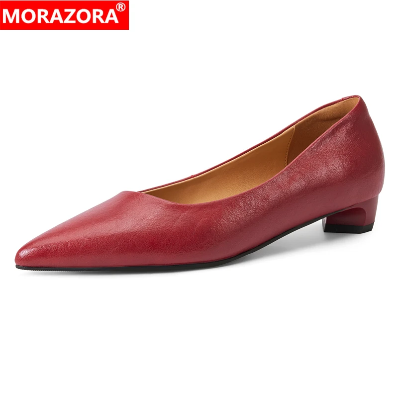 

Новые женские туфли MORAZORA из натуральной кожи с острым носком на низком каблуке, офисные туфли, однотонные, весенне-летние