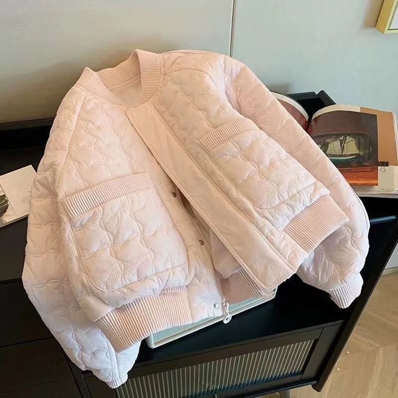 Autumn Winter Women's Cotton Jacket Round Neck Big Pocket Thick Coat Lightweight Clip Cotton Baseball Jackets Warm Top
