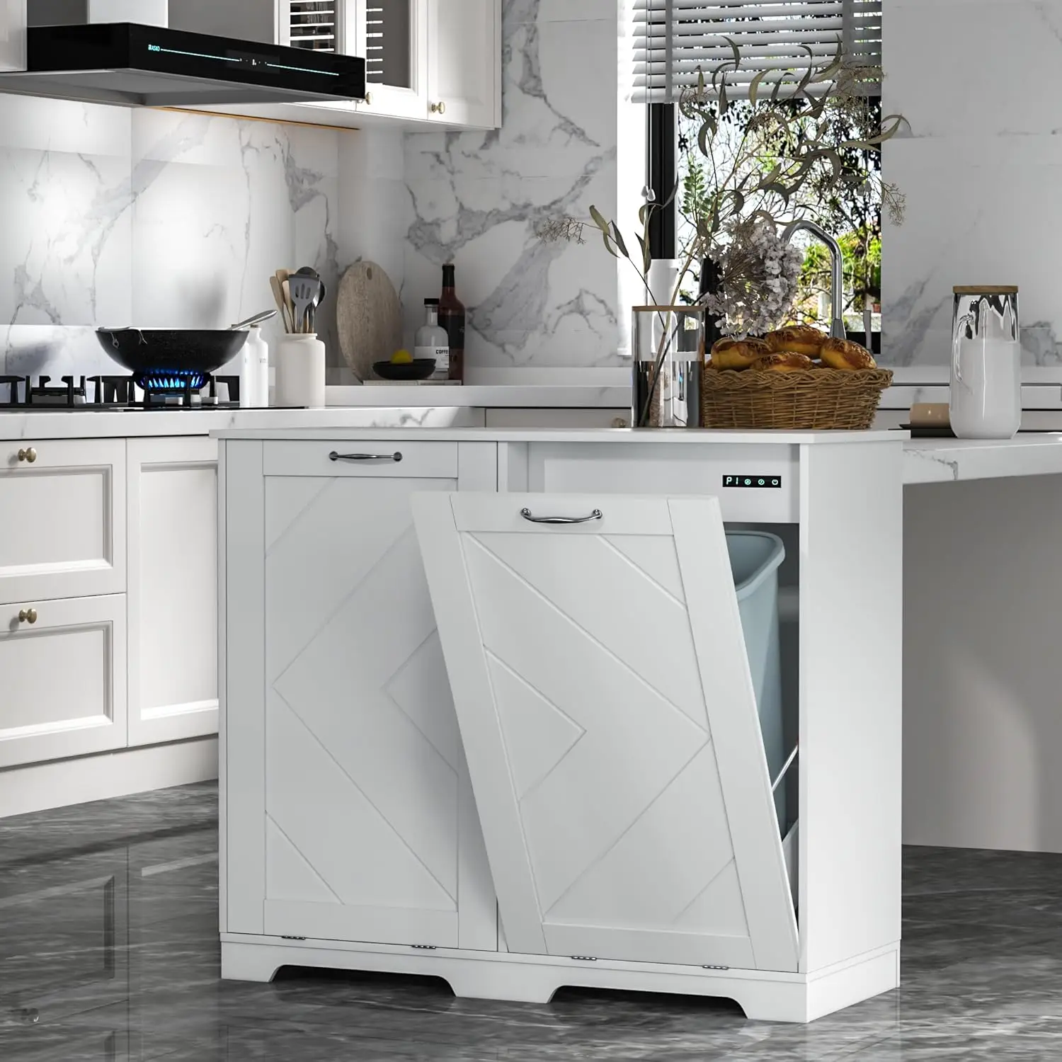 Double Tilt Out Kitchen Trash Bin Cabinet Dog Proof Garbage Can with Wood Holder Free Standing Recycling, White